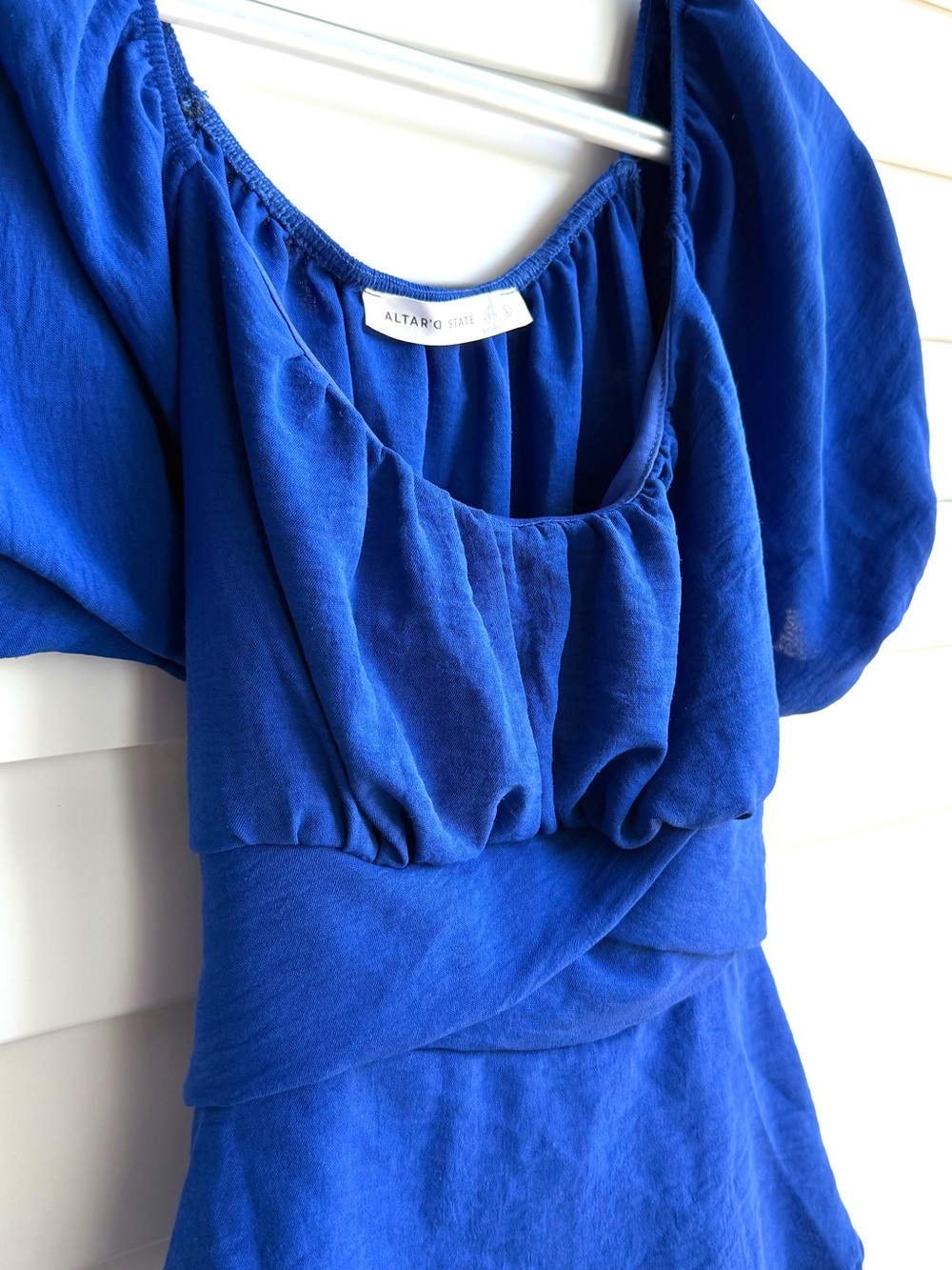 Altar'd State Cobalt Blue Puff-Sleeve Peplum Top | Size Large - Picture 2 of 6